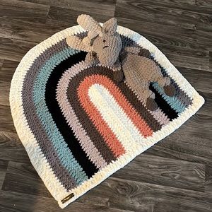 New handmade rainbow baby blanket and moose snuggler crocheted by me.